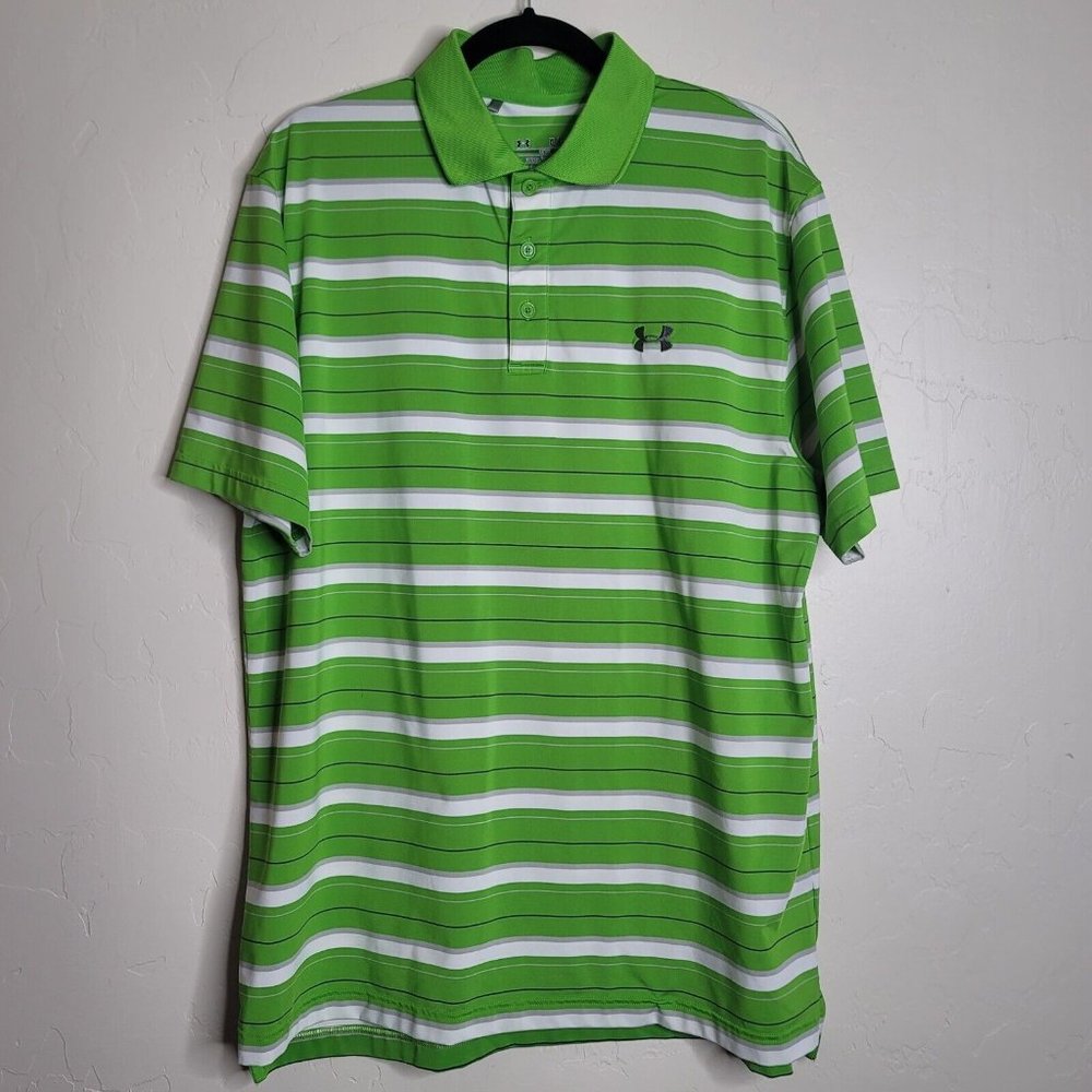 Under Armour Polo Shirt Mens Large XL Green Striped Short Sleeve Golf Stretch